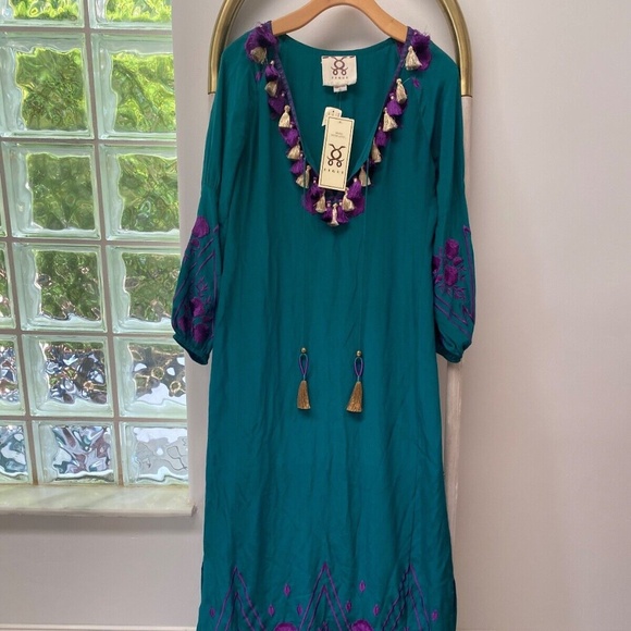 NWT Figue Long Green Embroidered Silk Kimono Kaftan Dress Lola S RRP $1,495.00 - Picture 1 of 13